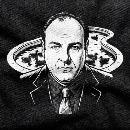 Tony Soprano design printed on a black cotton tee, close-up