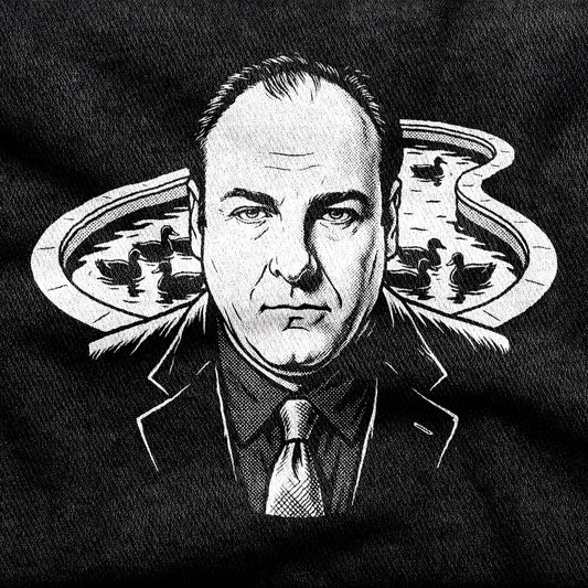 Tony Soprano design printed on a black cotton tee, close-up