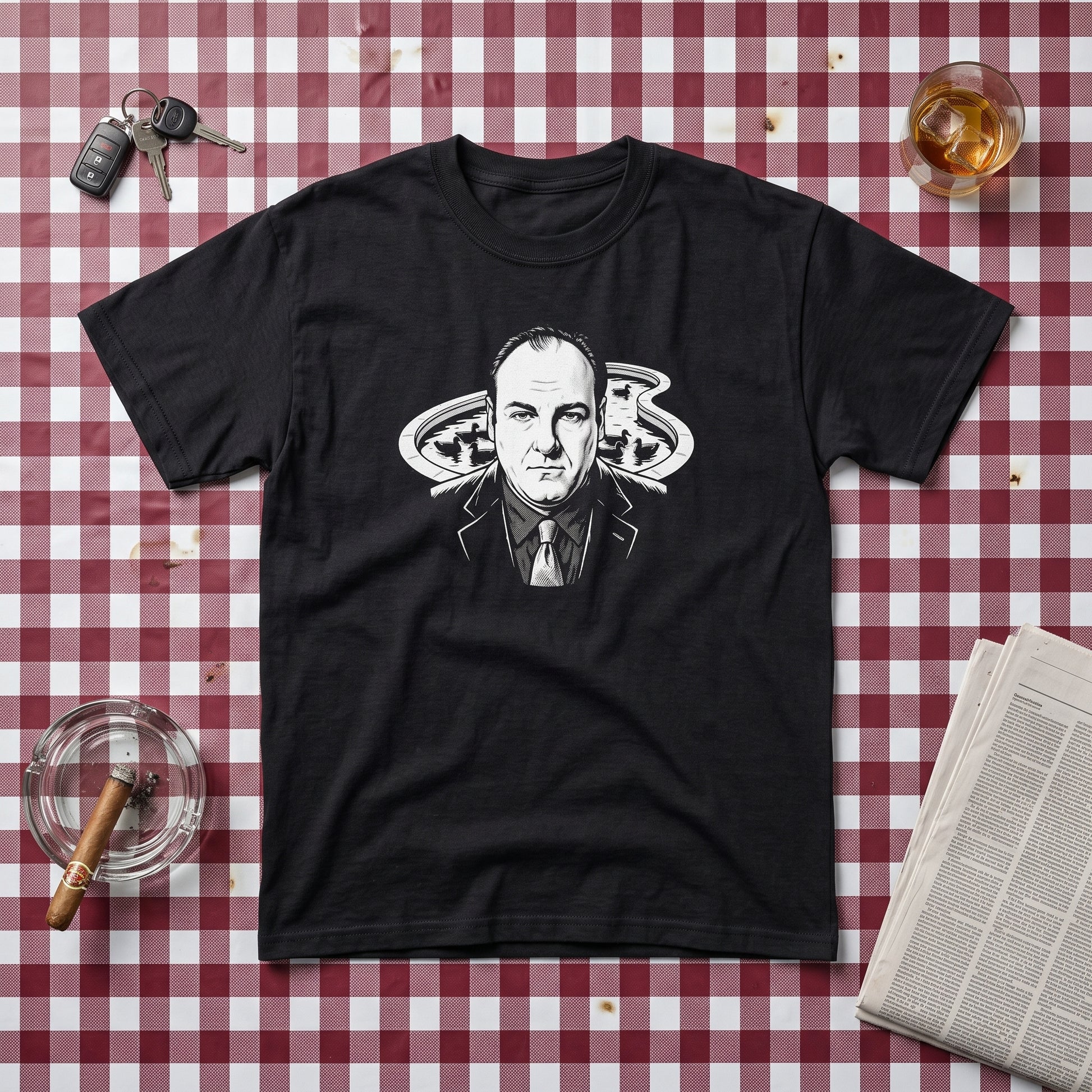 Tony Soprano black graphic tee, styled flat lay