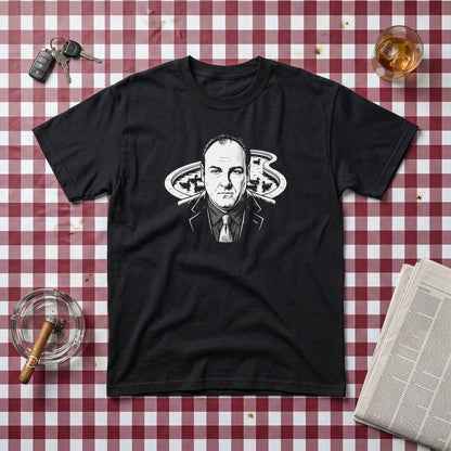 Tony Soprano black graphic tee, styled flat lay