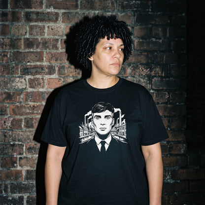Woman wearing the Tommy Shelby black graphic tee