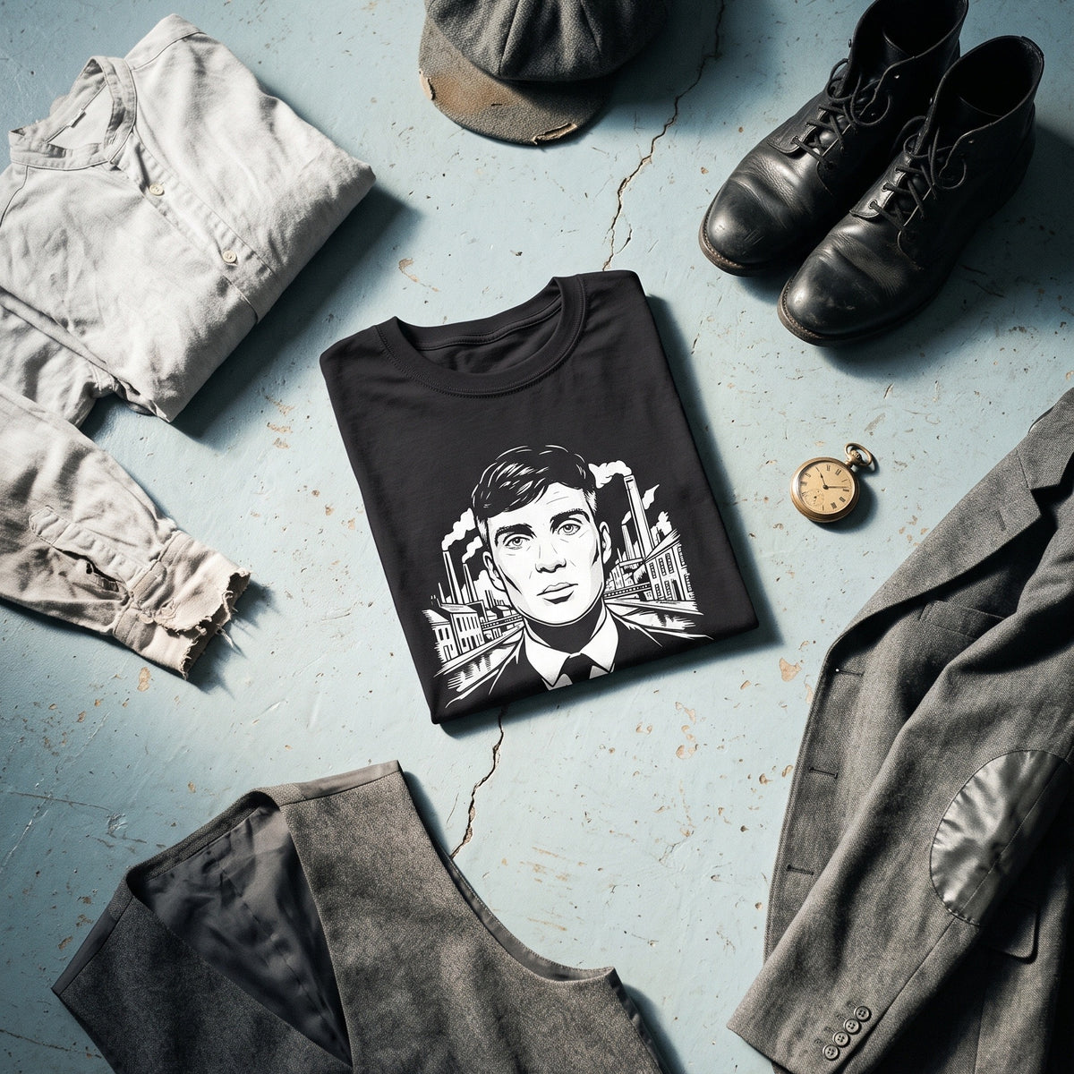Tommy Shelby black graphic tee styled in a flat lay with matching pieces