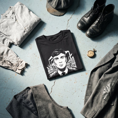 Tommy Shelby black graphic tee styled in a flat lay with matching pieces