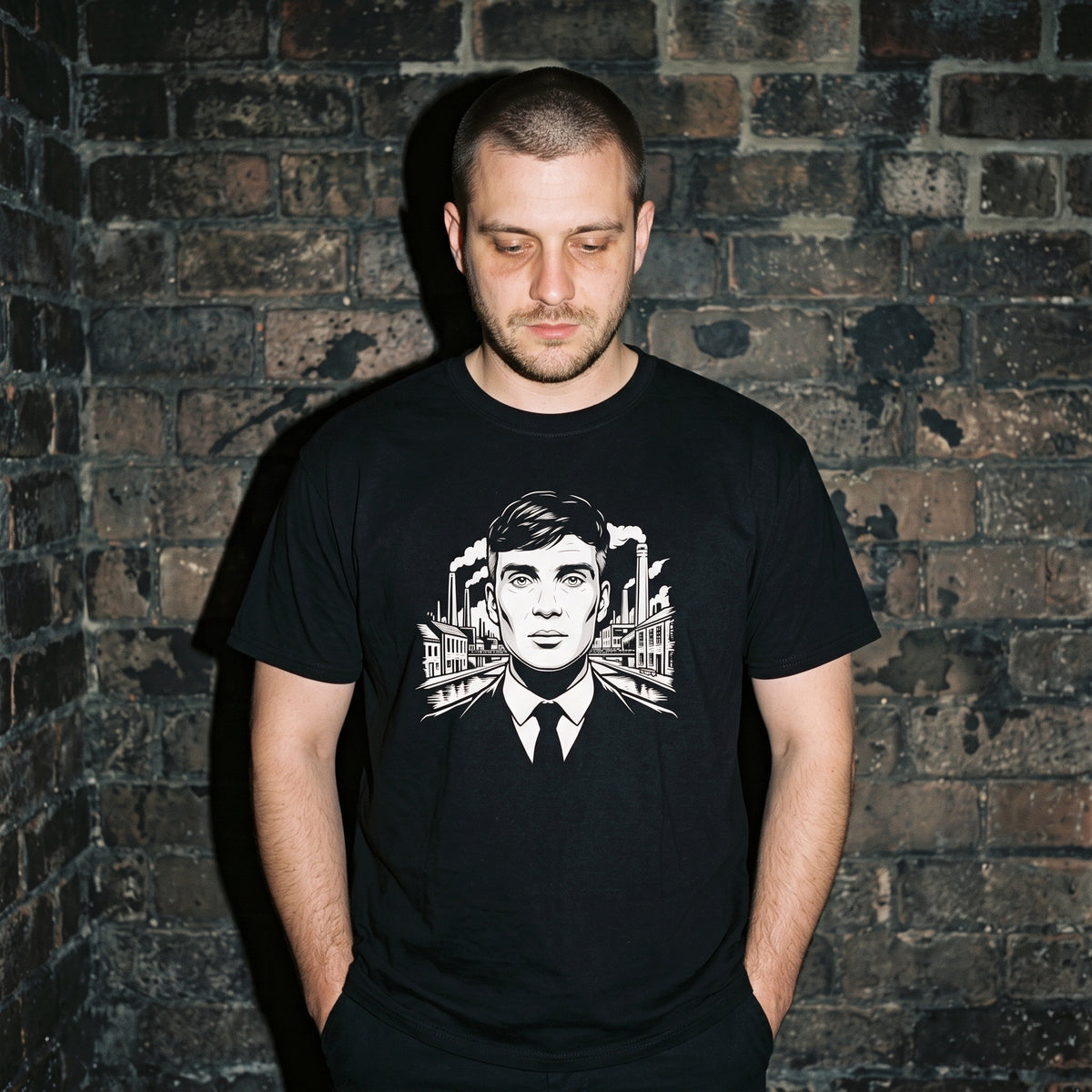 Man wearing the Tommy Shelby black graphic tee