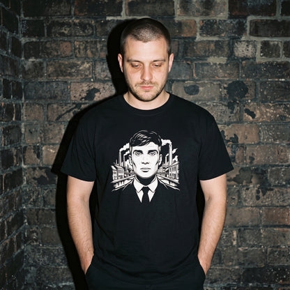Man wearing the Tommy Shelby black graphic tee