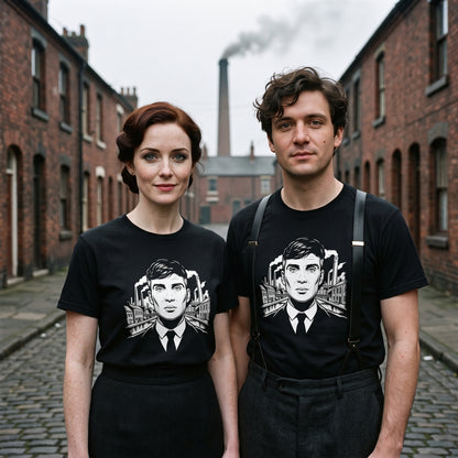 Two models wearing the Tommy Shelby black graphic tee