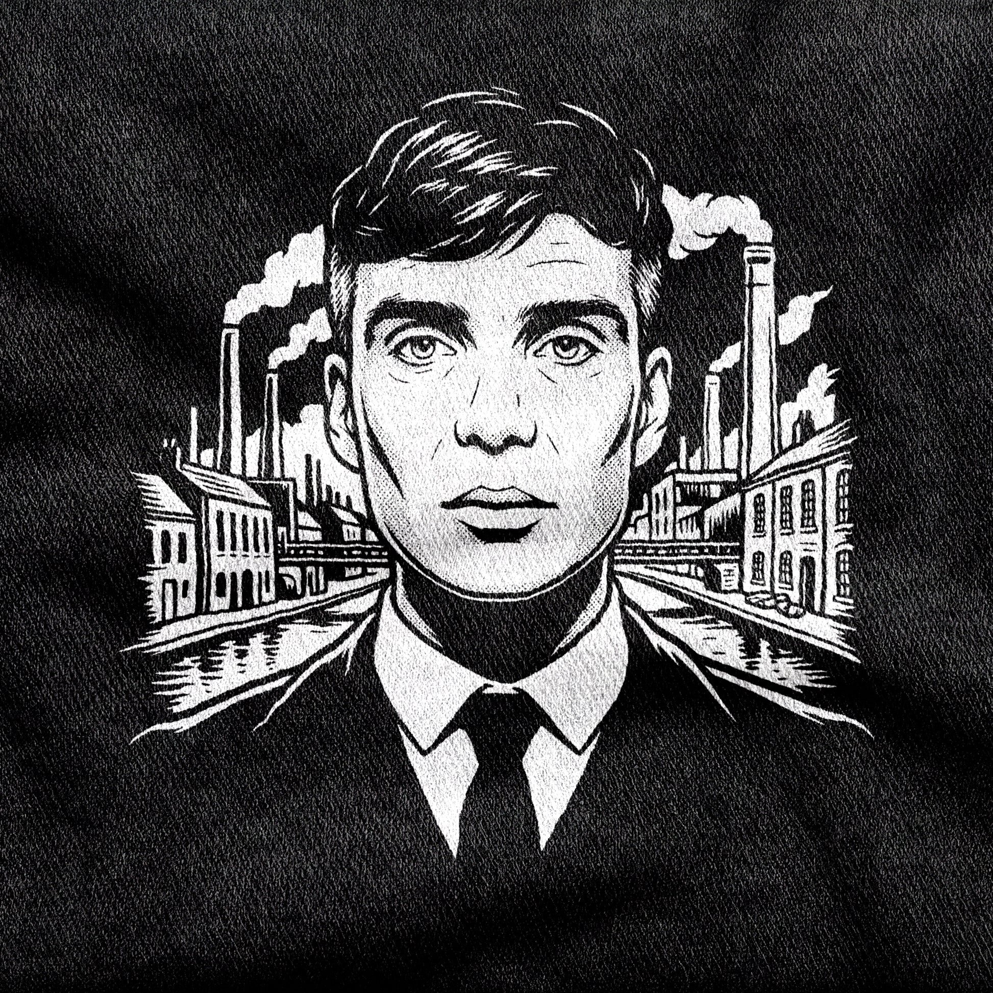 Tommy Shelby design printed on a black cotton tee, close-up