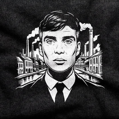 Tommy Shelby design printed on a black cotton tee, close-up