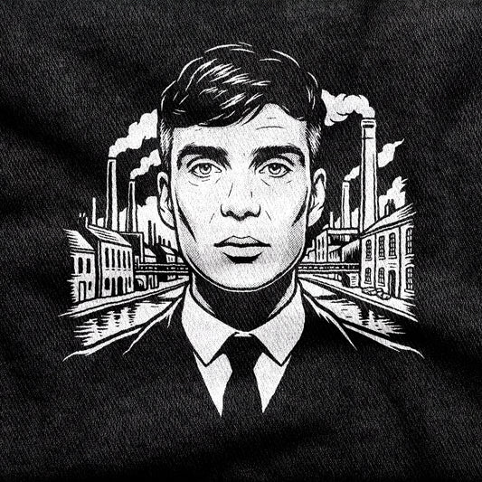Tommy Shelby design printed on a black cotton tee, close-up