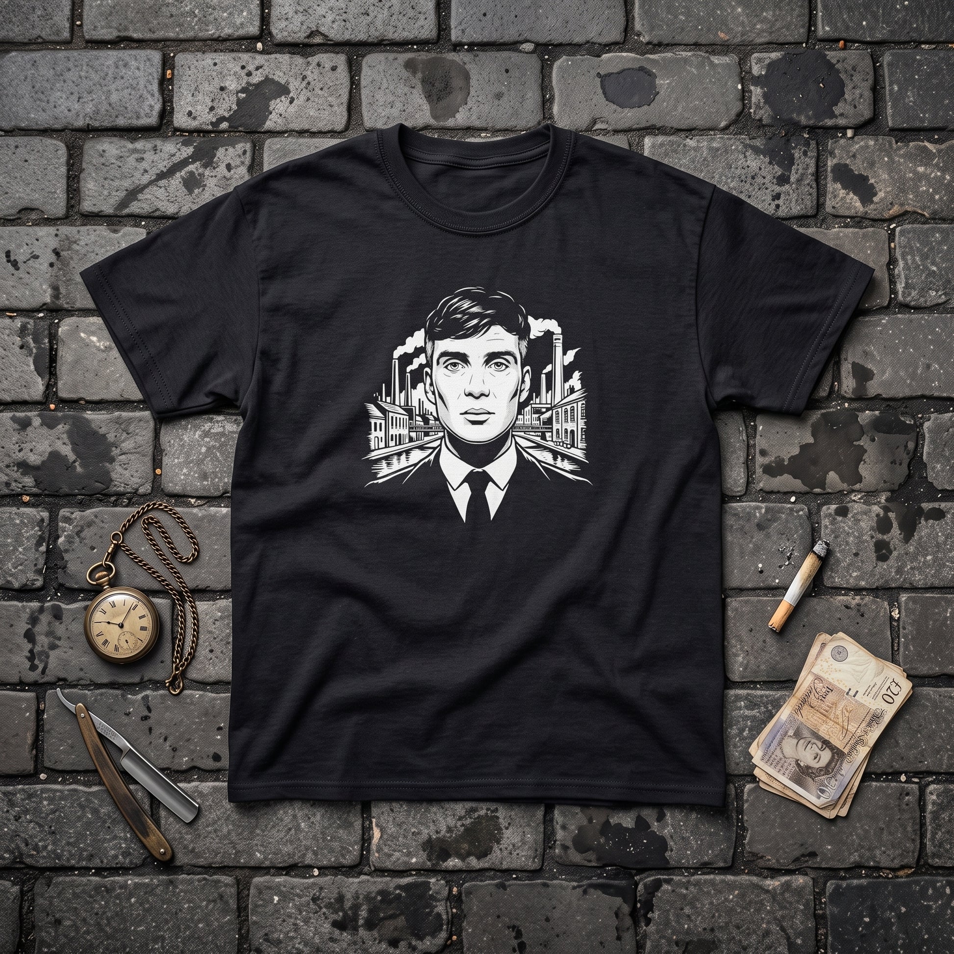 Tommy Shelby black graphic tee, styled flat lay