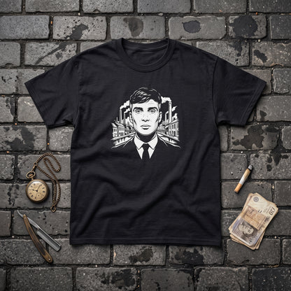 Tommy Shelby black graphic tee, styled flat lay