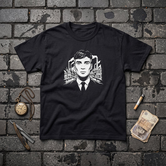 Tommy Shelby black graphic tee, styled flat lay