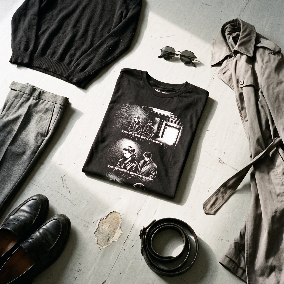 Masculin Féminin black graphic tee styled in a flat lay with matching pieces