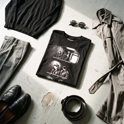 Masculin Féminin black graphic tee styled in a flat lay with matching pieces