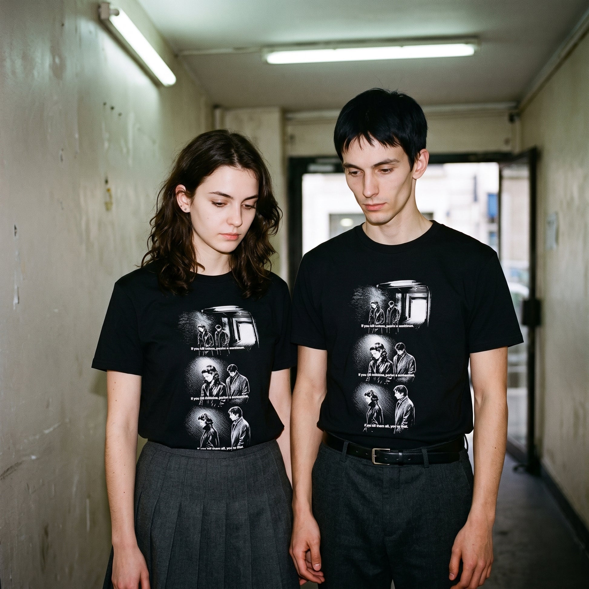 Two models wearing the Masculin Féminin black graphic tee