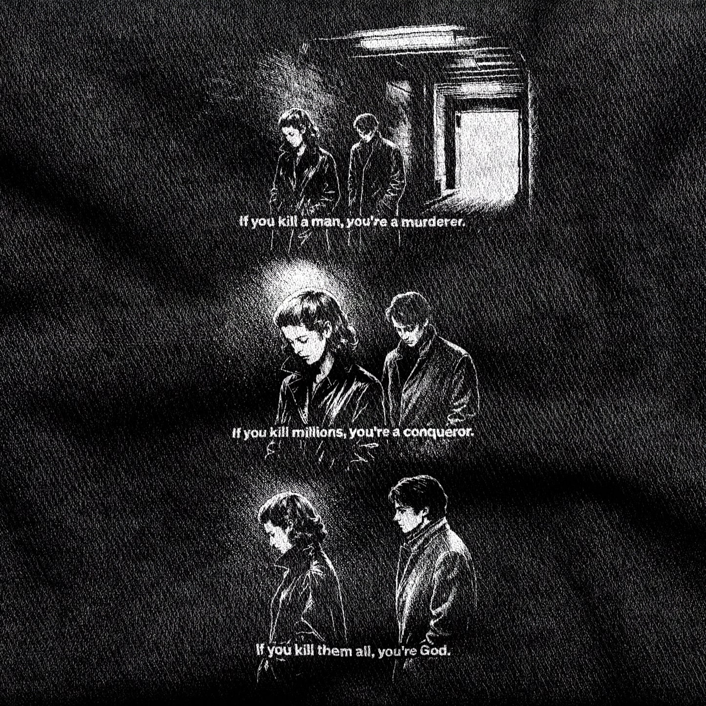 Masculin Féminin design printed on a black cotton tee, close-up