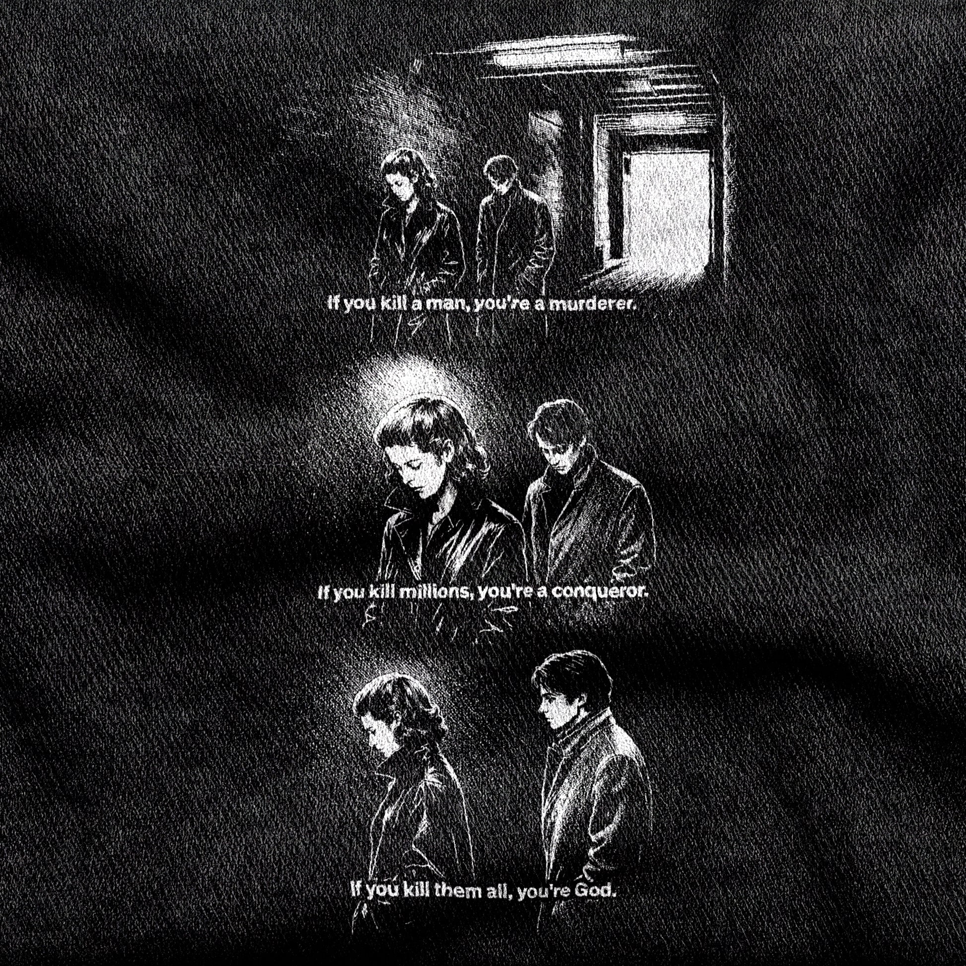 Masculin Féminin design printed on a black cotton tee, close-up