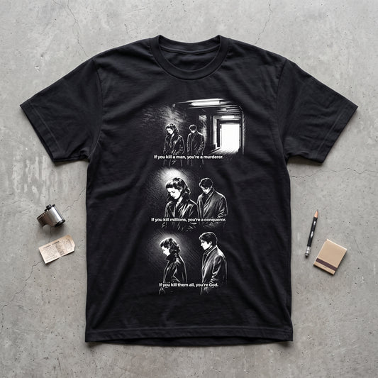 Masculin Féminin black graphic tee, styled flat lay