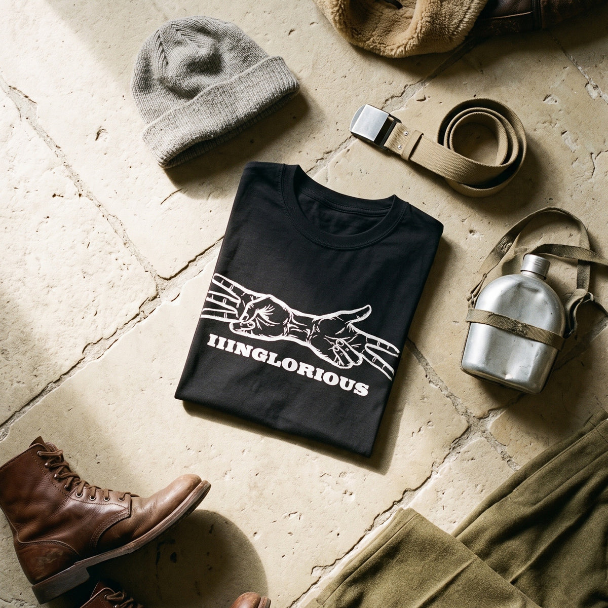 Inglourious Basterds black graphic tee styled in a flat lay with matching pieces