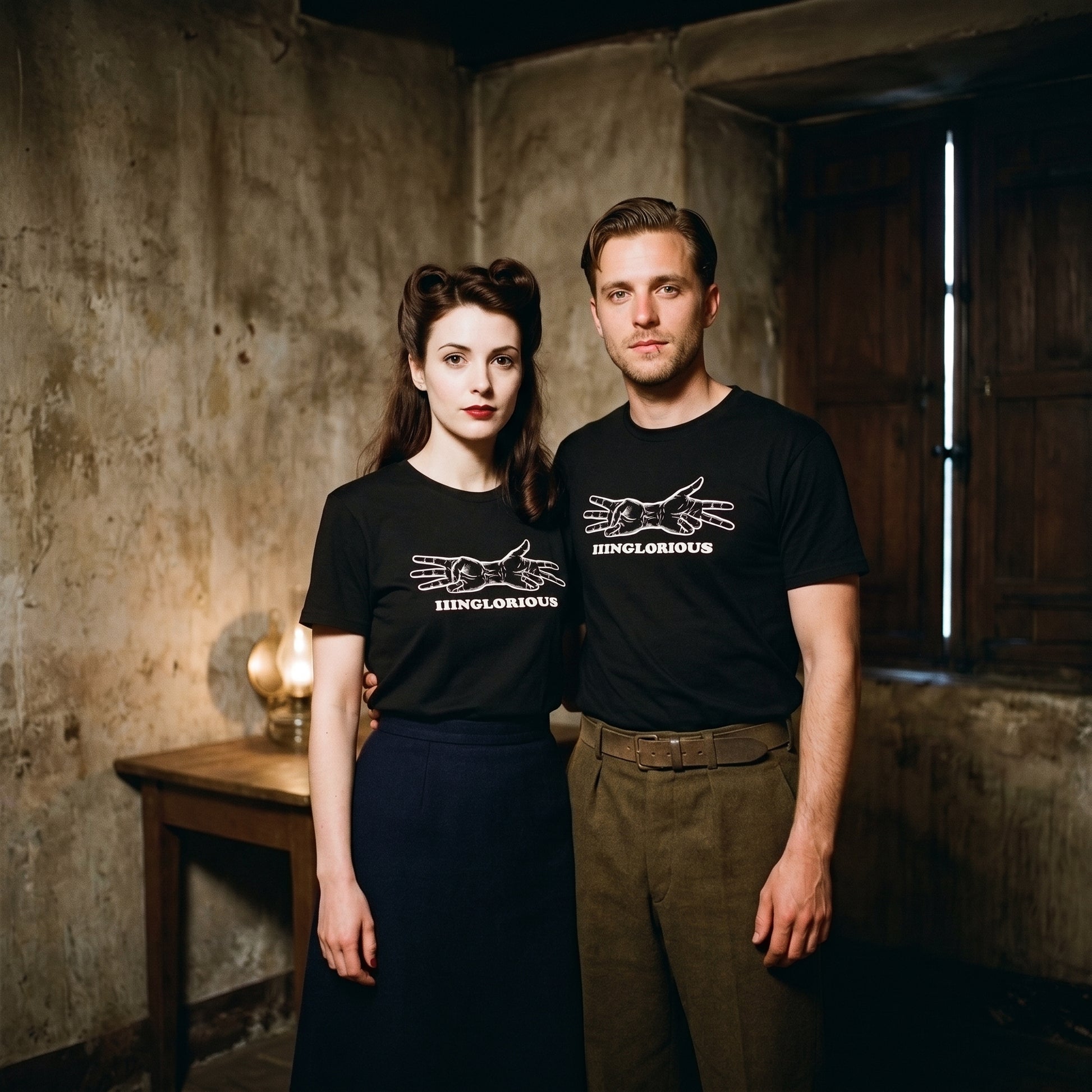 Two models wearing the Inglourious Basterds black graphic tee