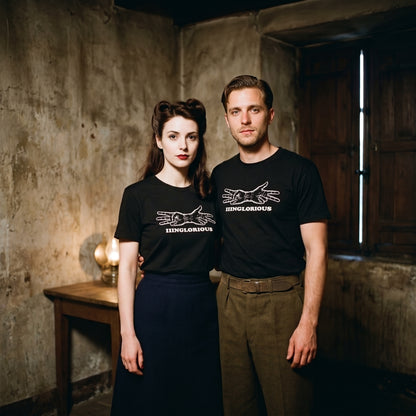 Two models wearing the Inglourious Basterds black graphic tee