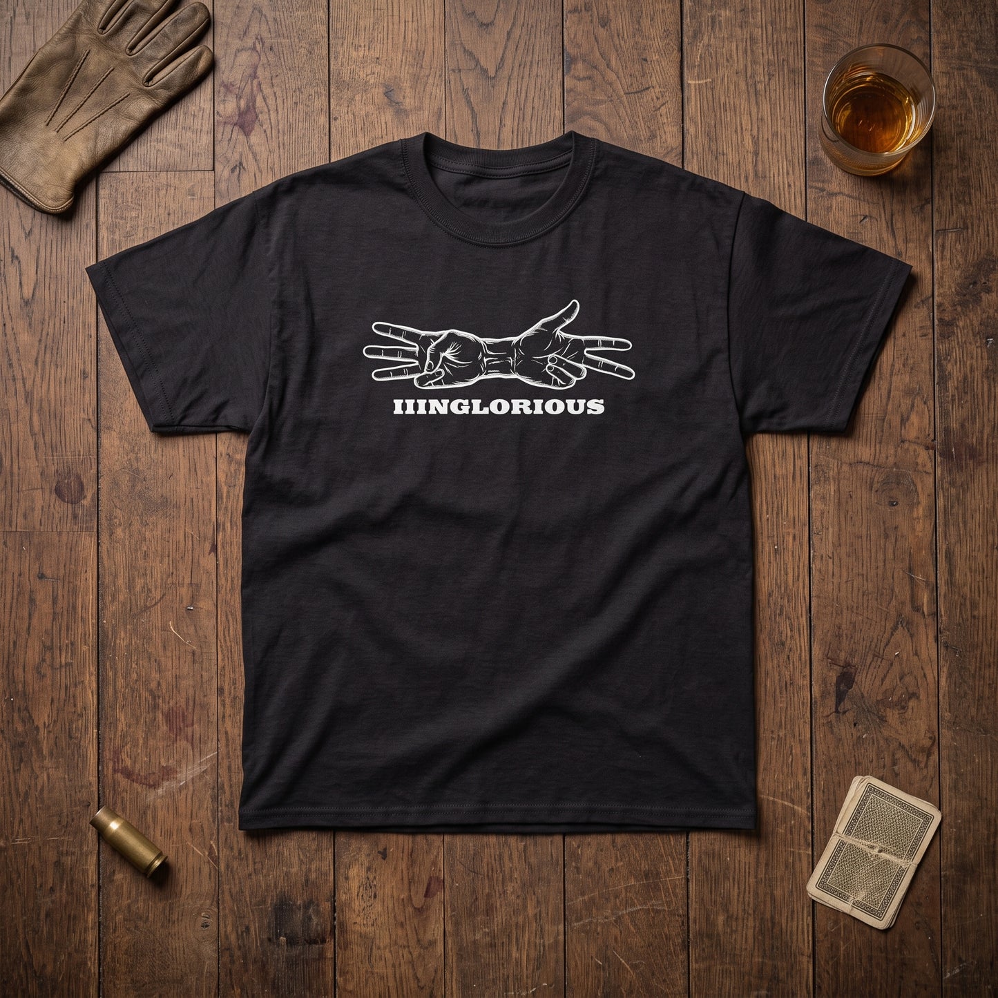 Inglourious Basterds black graphic tee, styled flat lay