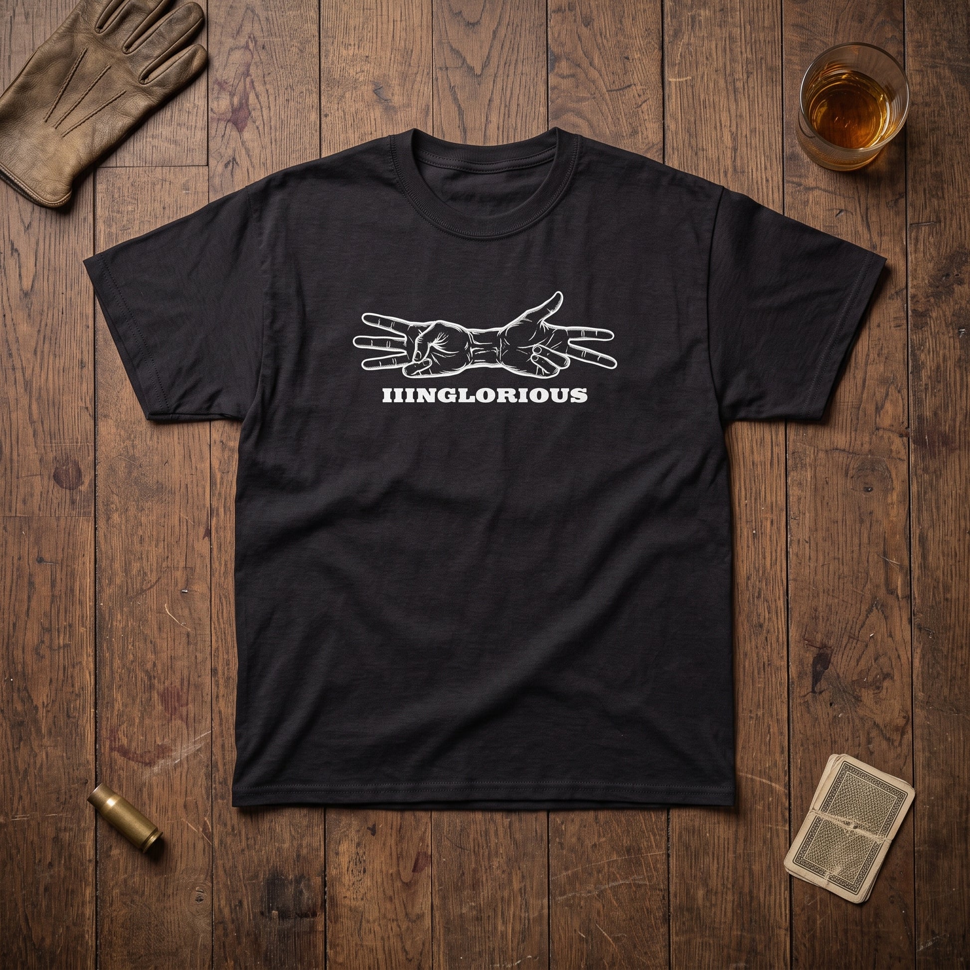 Inglourious Basterds black graphic tee, styled flat lay