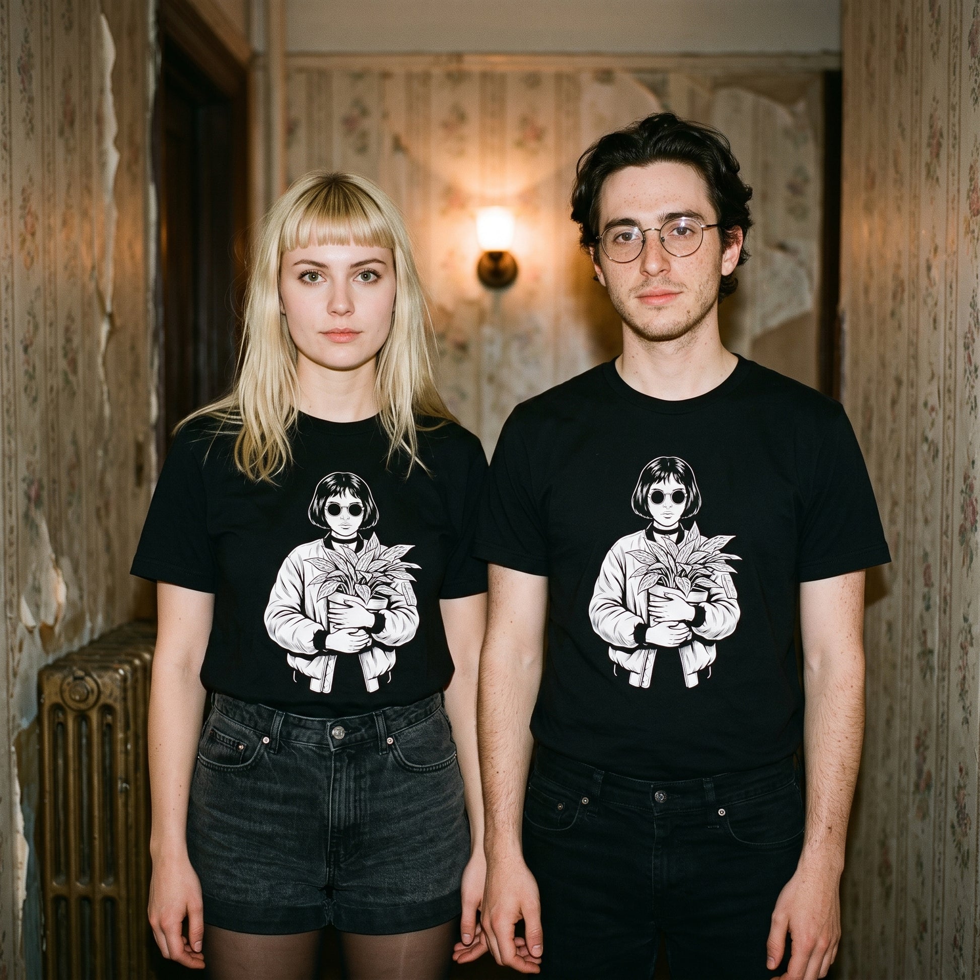Two models wearing the Mathilda black graphic tee