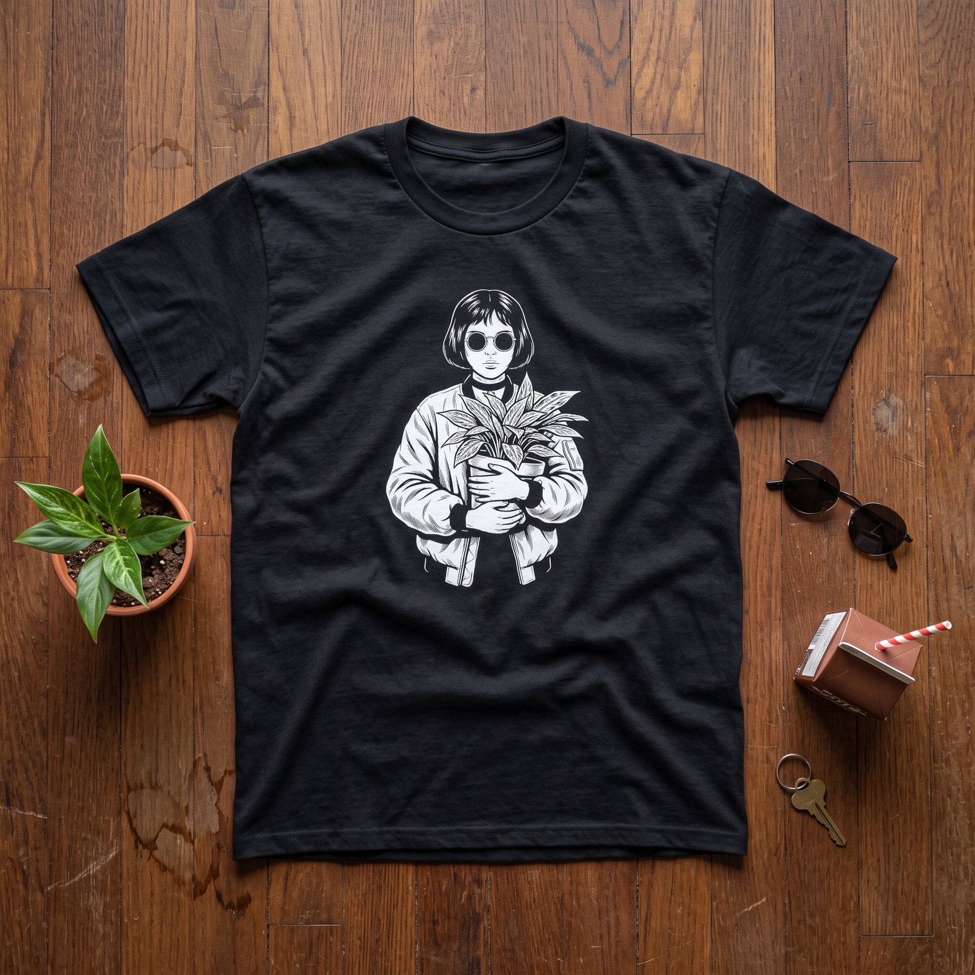 Mathilda black graphic tee, styled flat lay