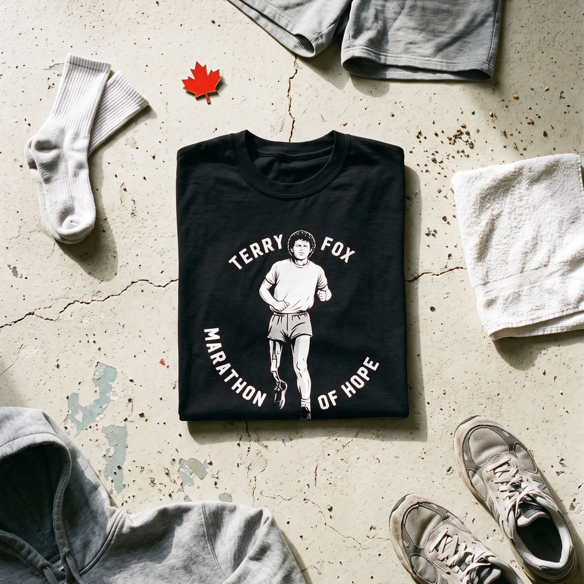 Terry Fox Marathon of Hope black graphic tee styled in a flat lay with matching pieces