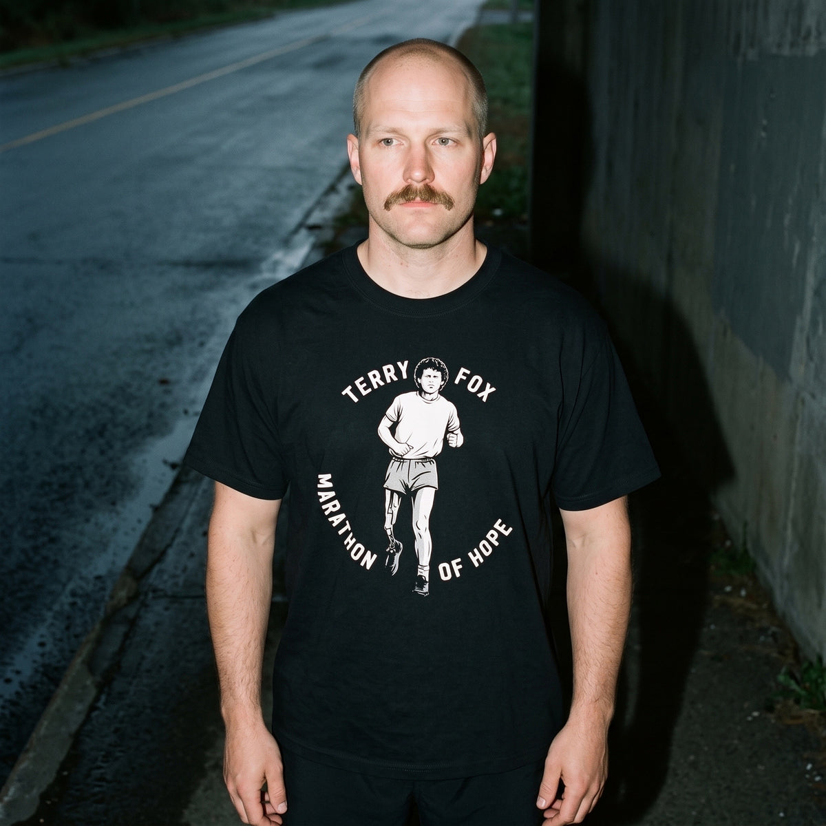Man wearing the Terry Fox Marathon of Hope black graphic tee