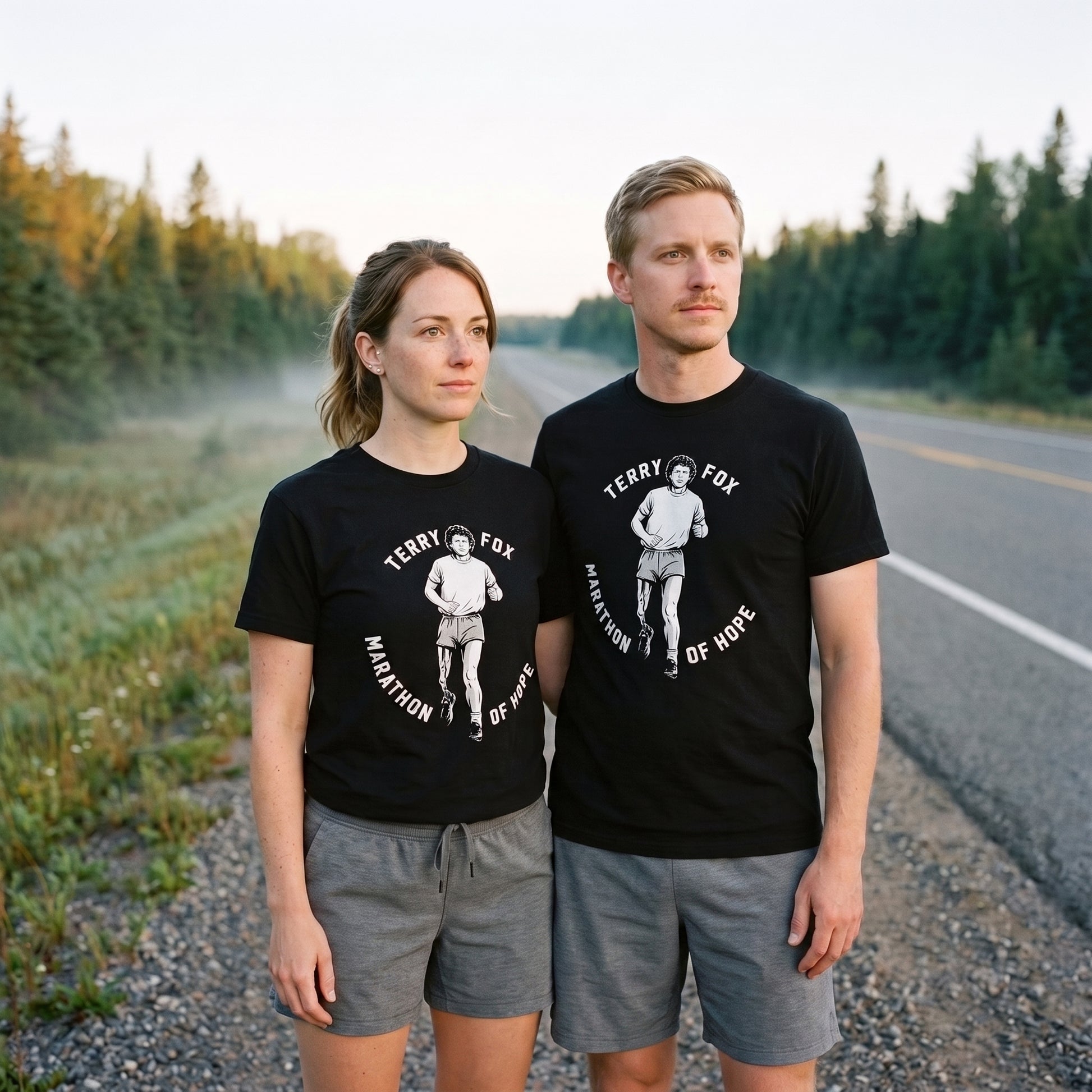 Two models wearing the Terry Fox Marathon of Hope black graphic tee
