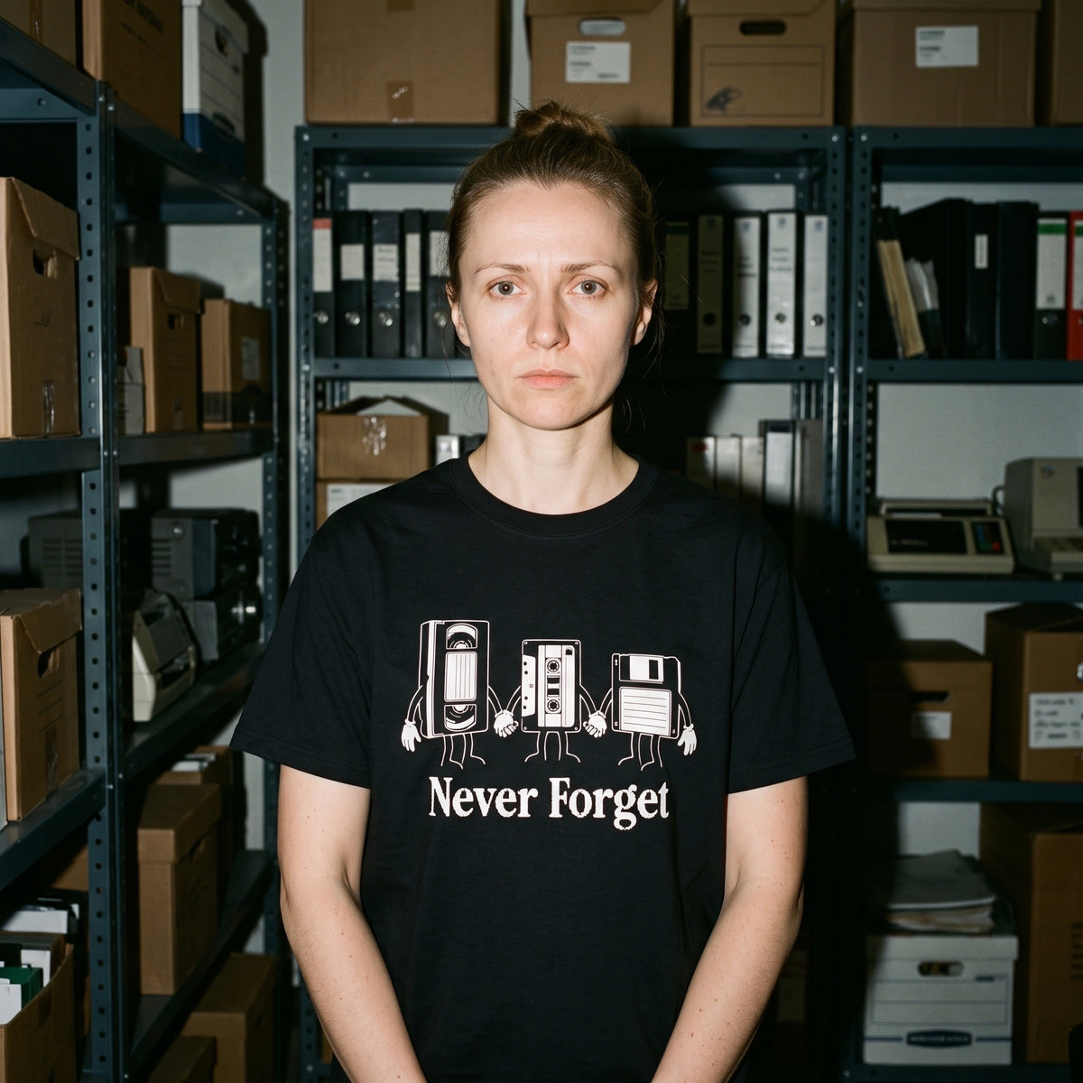 Woman wearing the Never Forget black graphic tee