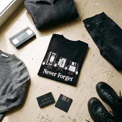 Never Forget black graphic tee styled in a flat lay with matching pieces
