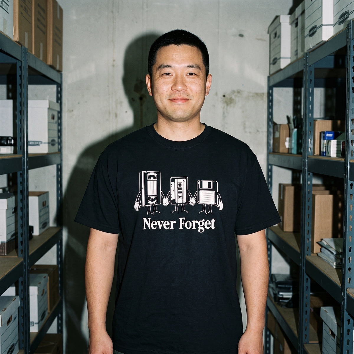 Man wearing the Never Forget black graphic tee