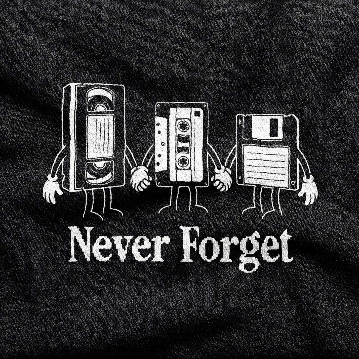 Never Forget design printed on a black cotton tee, close-up