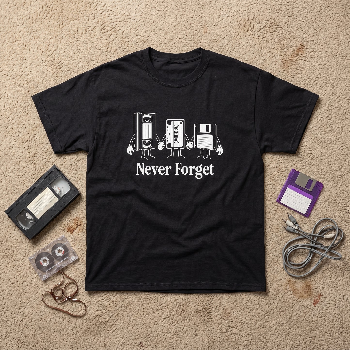 Never Forget black graphic tee, styled flat lay