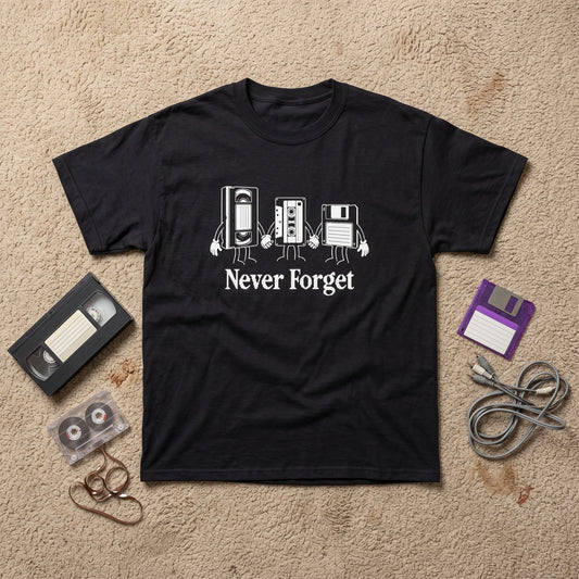 Never Forget black graphic tee, styled flat lay