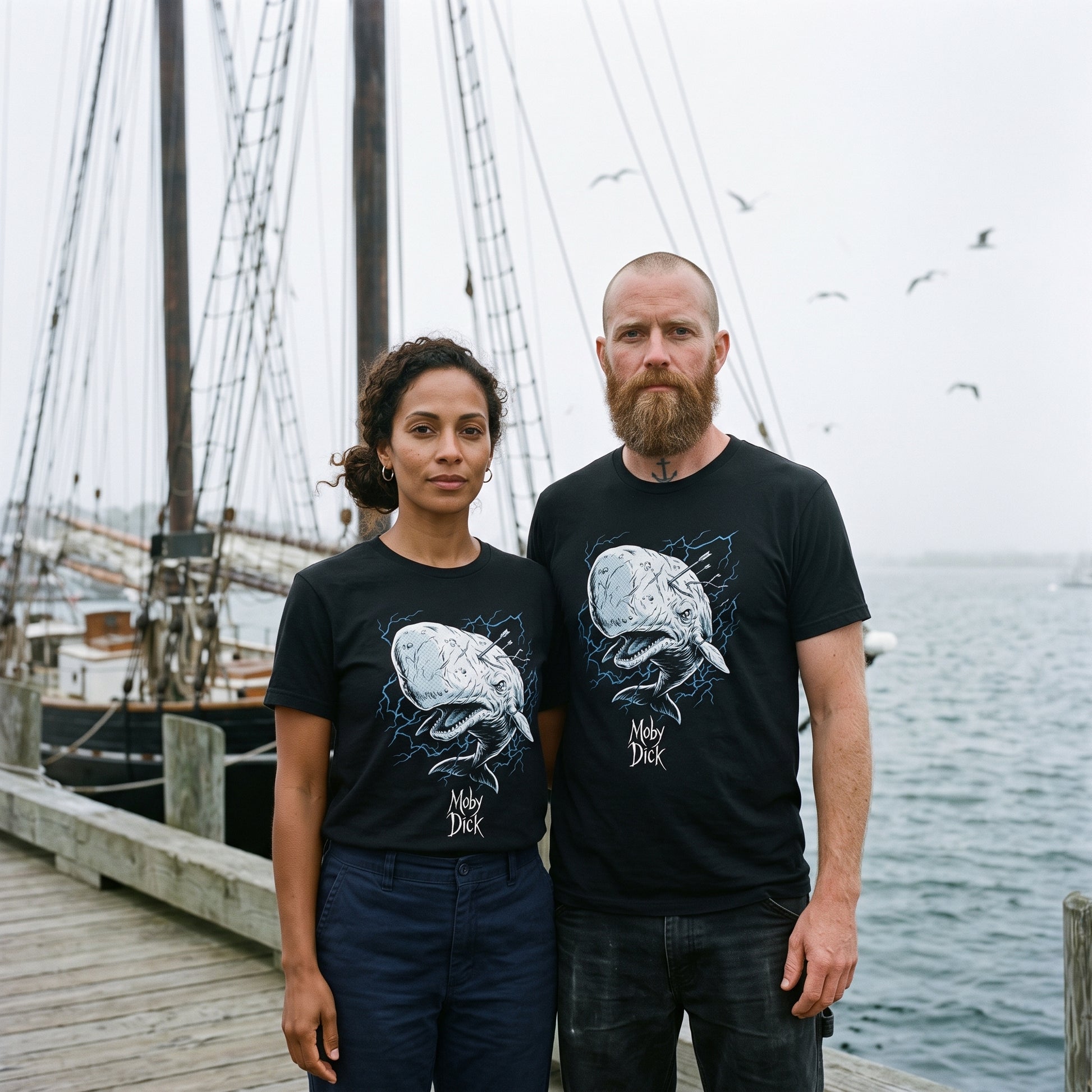 Two models wearing the Moby Dick black graphic tee