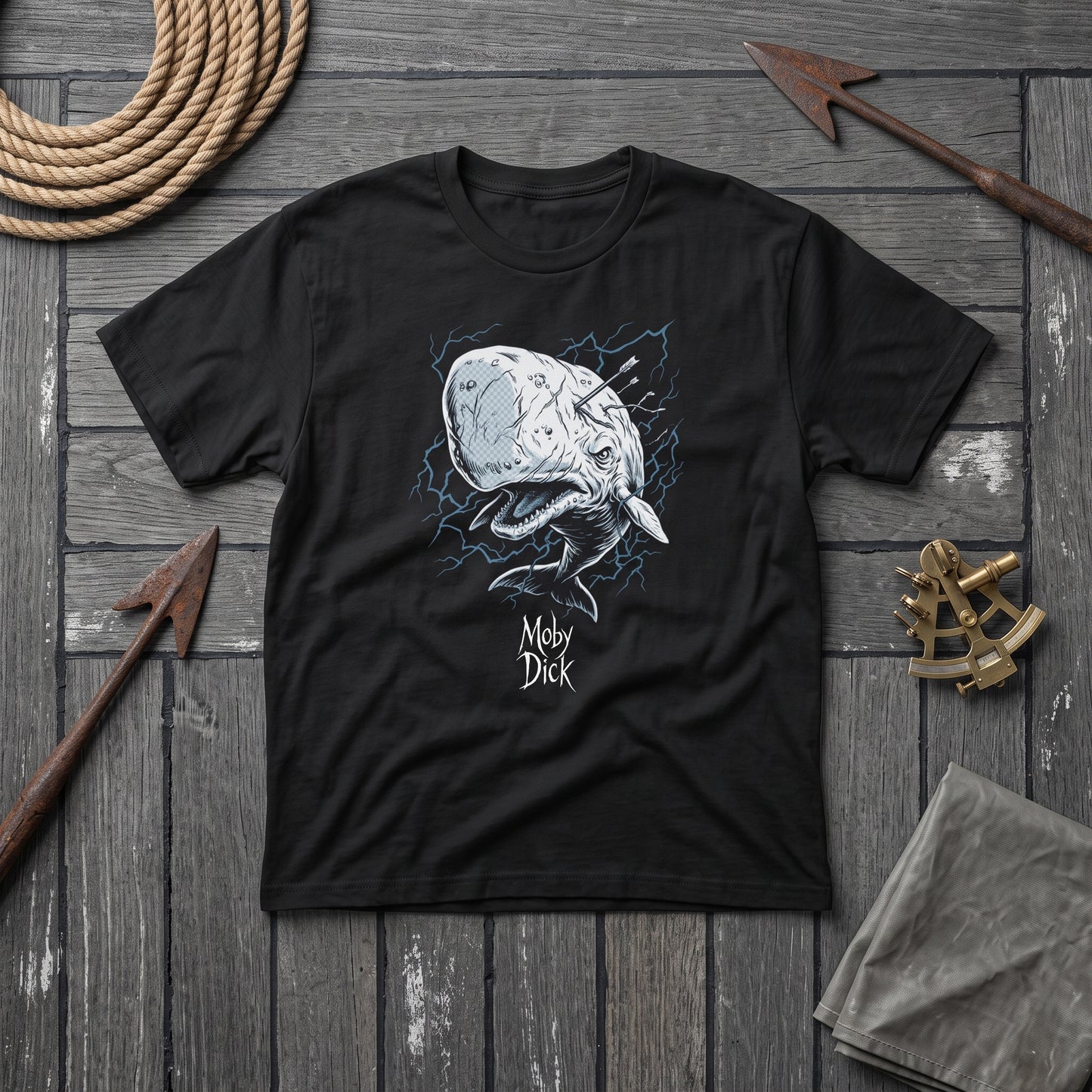 Moby Dick black graphic tee, styled flat lay