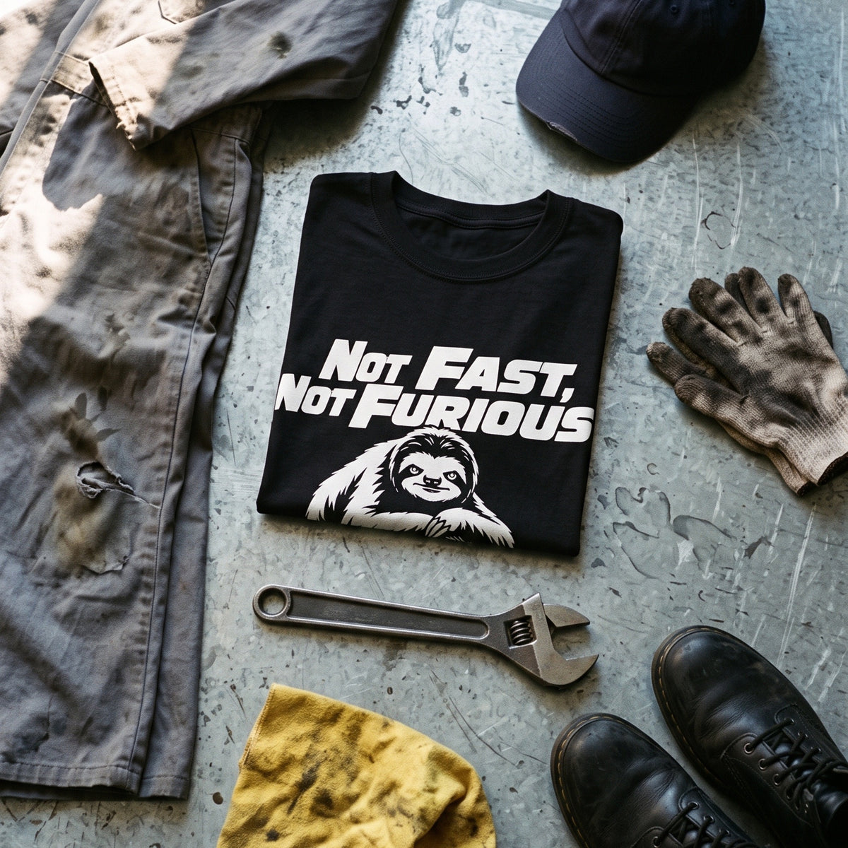 Not Fast, Not Furious black graphic tee styled in a flat lay with matching pieces