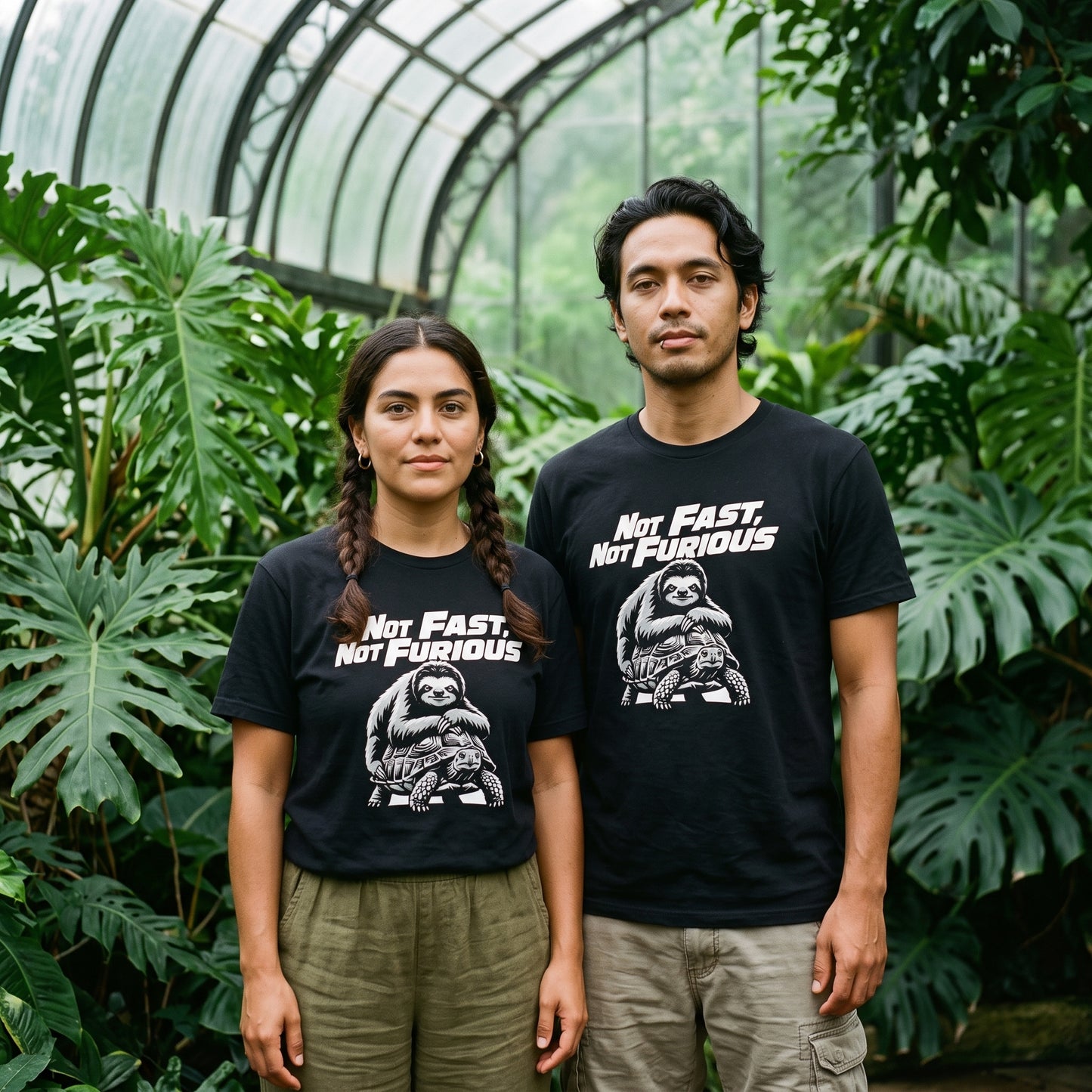 Two models wearing the Not Fast, Not Furious black graphic tee