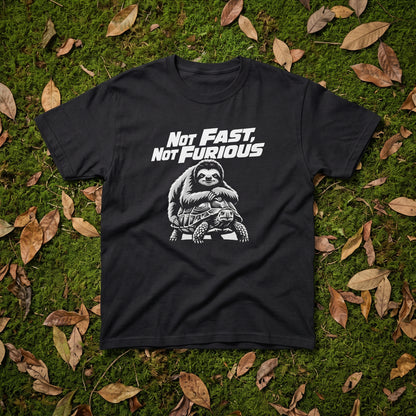 Not Fast, Not Furious black graphic tee, styled flat lay