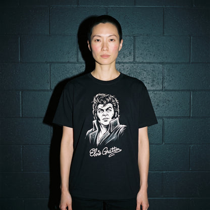 Woman wearing the Elvis Gratton black graphic tee