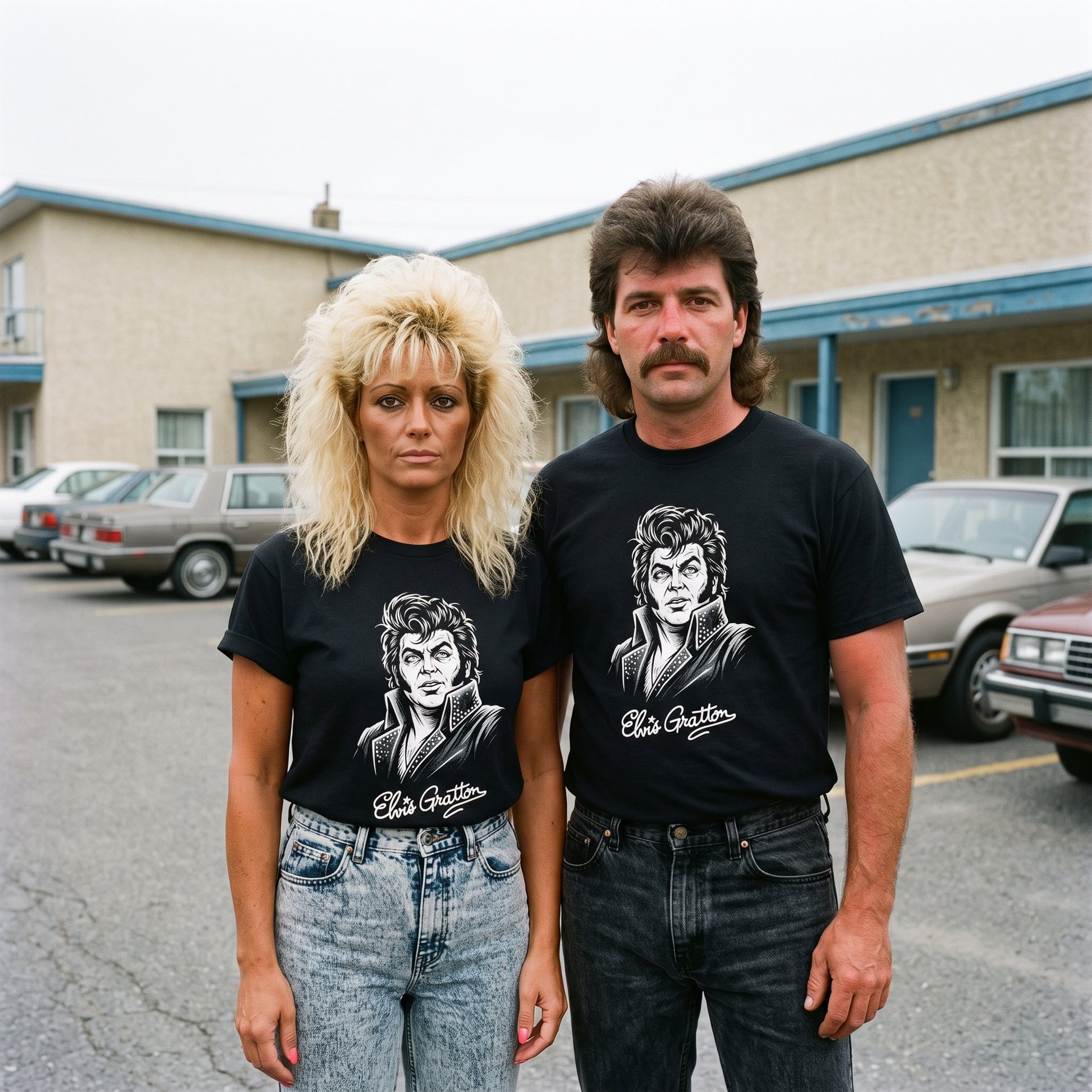 Two models wearing the Elvis Gratton black graphic tee