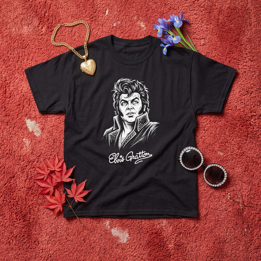 Elvis Gratton black graphic tee, styled flat lay