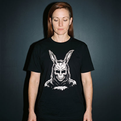 Woman wearing the Donnie Darko black graphic tee