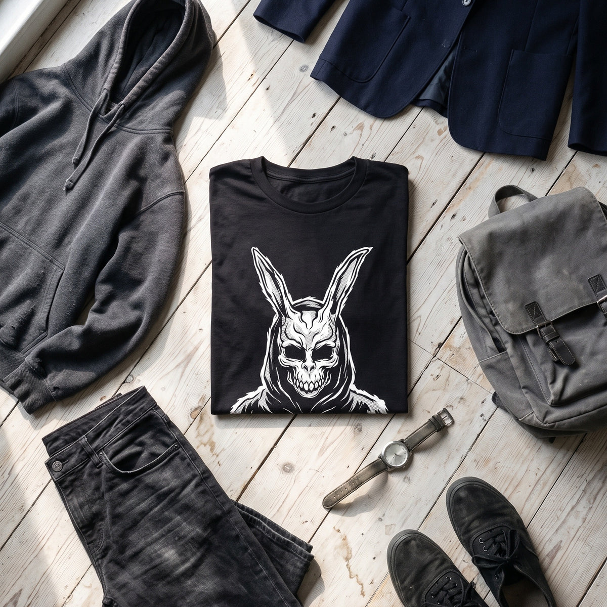 Donnie Darko black graphic tee styled in a flat lay with matching pieces