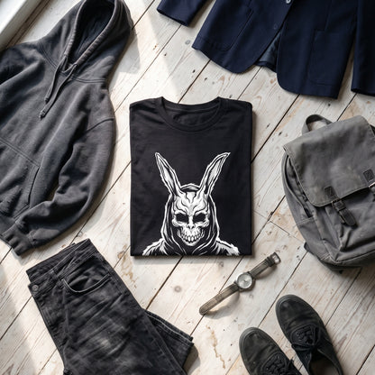 Donnie Darko black graphic tee styled in a flat lay with matching pieces