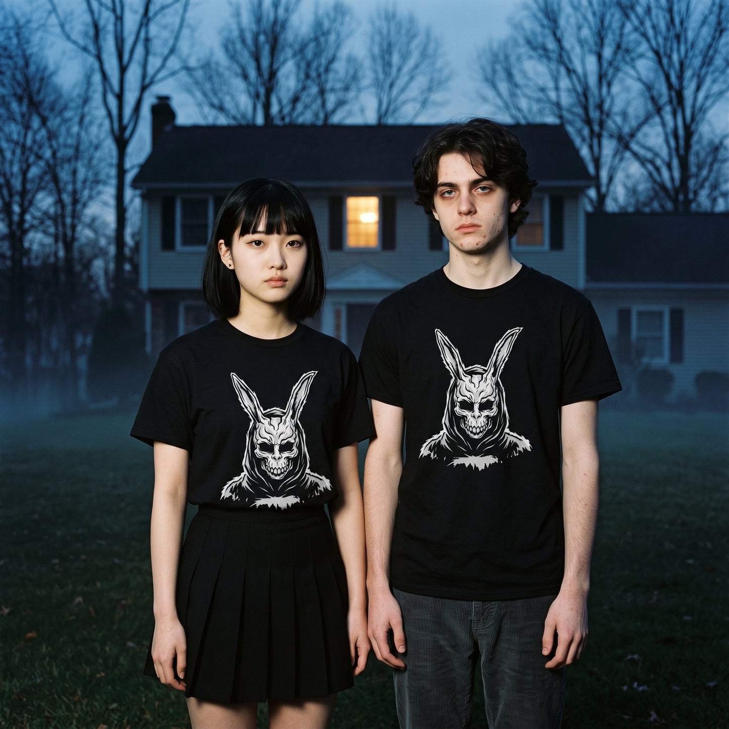 Two models wearing the Donnie Darko black graphic tee